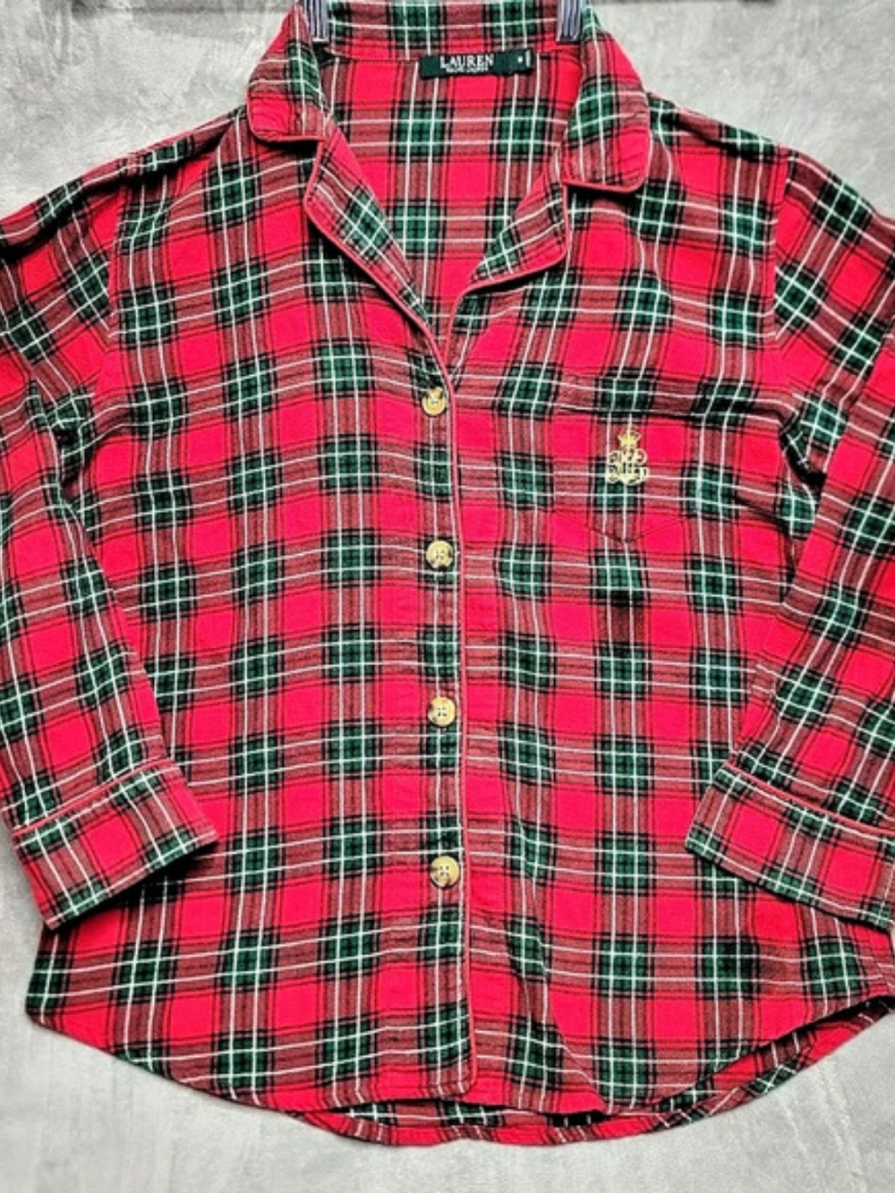 Lauren Ralph Lauren Red Green Plaid Flannel Pajama  Top Button-Up Gold Crest Med